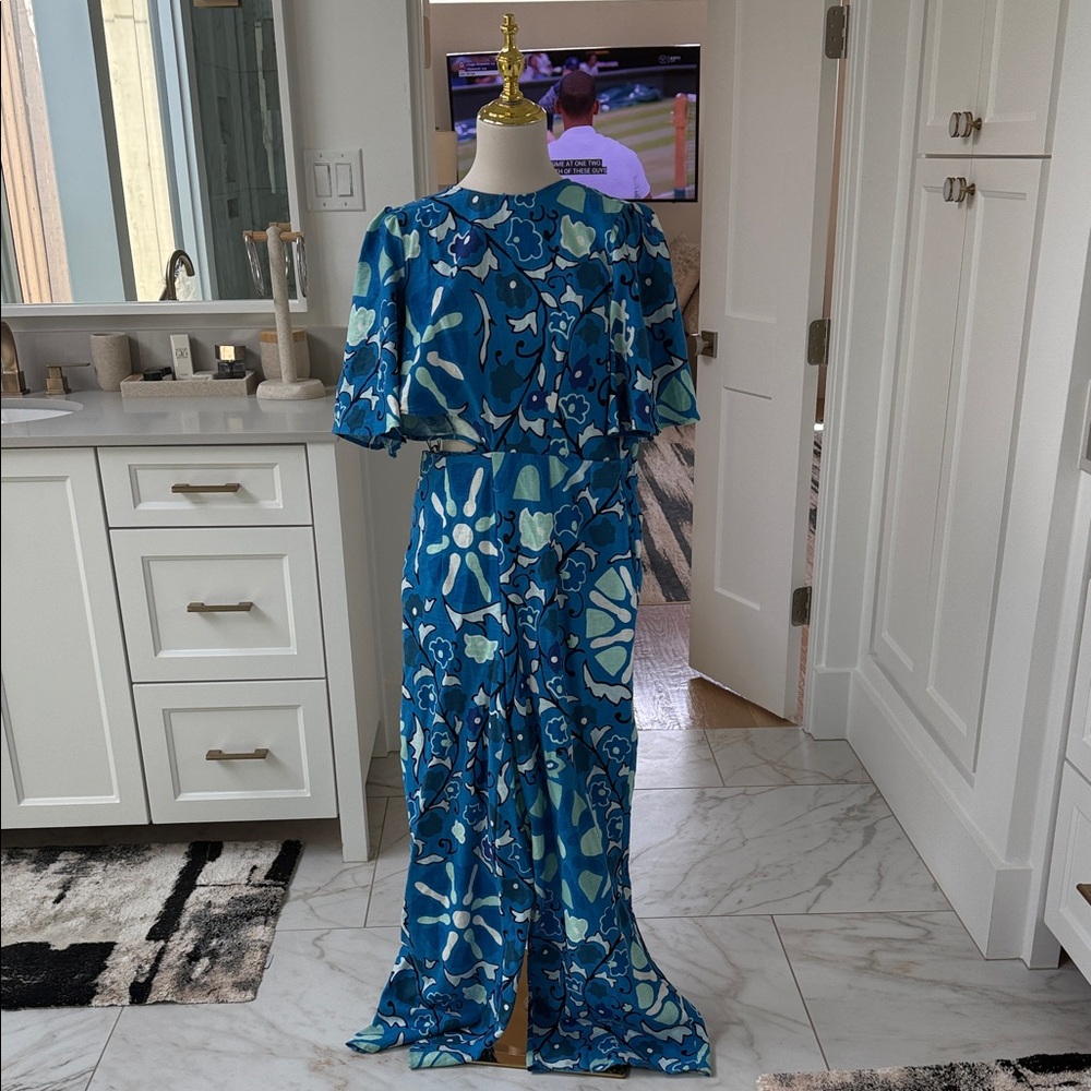 Blue Floral Side Slit Jumpsuit